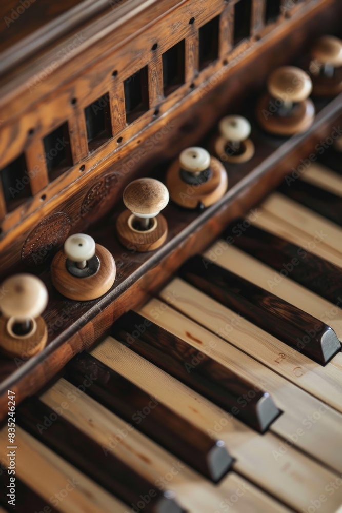 Poster close-up view of a piano keyboard with visible knobs