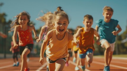 Group of happy children running together on a track, great for sports and fitness illustrations