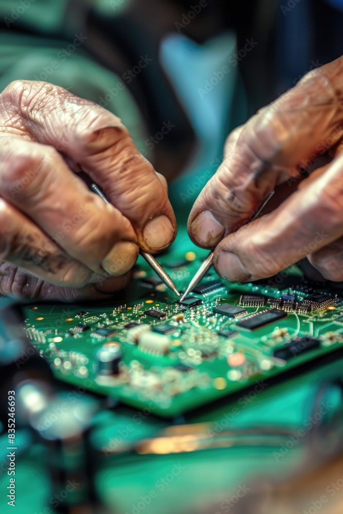 Aufkleber A close-up shot of an electronics engineer tinkering with a circuit board, focusing on details and problem-solving