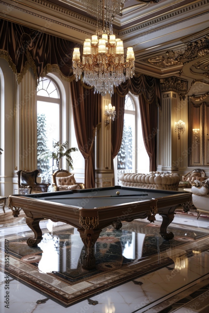 Poster A pool table located in a room with unknown furniture and lighting conditions
