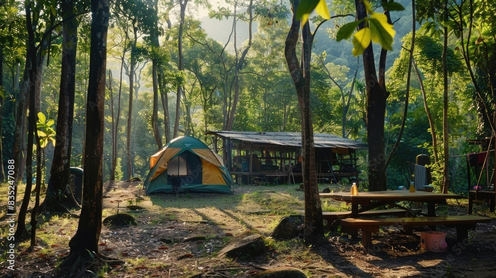 Poster a person setting up a tent and picnic table in a forest, with trees and foliage surrounding the scen