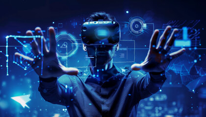Person wearing virtual reality glasses with hands raised, Concept of immersive technology by AI generated image