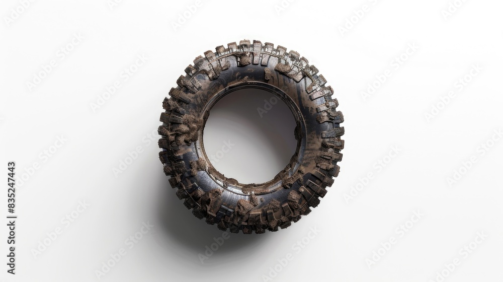 Poster a close-up view of a tire on a white surface, suitable for use in automotive or product photography