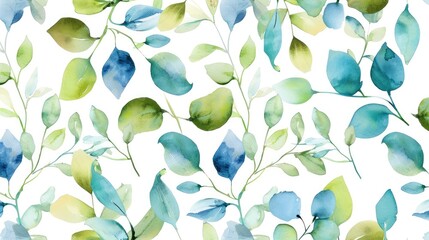 Watercolor Seamless Pattern with Small Blue and Green Leaves