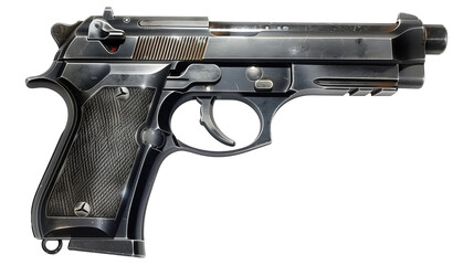 Black semi-automatic beretta 92FS pistol showing detail of the barrel slide and grip 2D Game Art isolated on transparent background