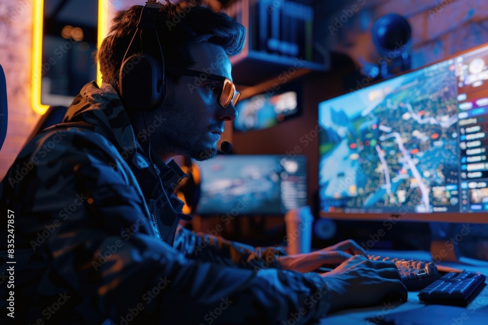 Poster a person sitting in front of a computer wearing headphones, probably focused on work or study