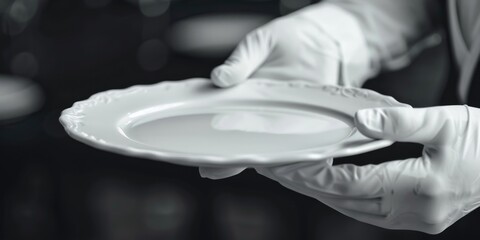 A person wearing white gloves holds a plate, suitable for use as an illustration or prop image