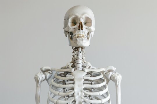 Anatomically correct human skeleton model on a table, suitable for education and research purposes