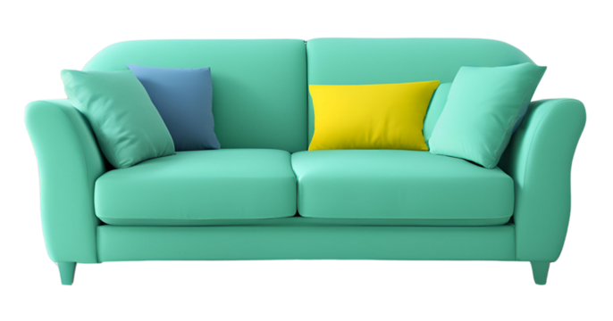 Comfortable green sofa with cushions, perfect for relaxing and adding a cozy touch to any living space or sitting area.