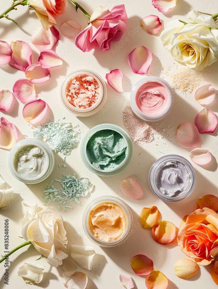 Aufkleber a close-up image of various face masks and creams in jars on a light background, surrounded by flowe