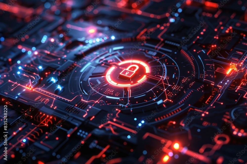 Poster Close-up of a circuit board with a lock, suitable for technology and security themed projects