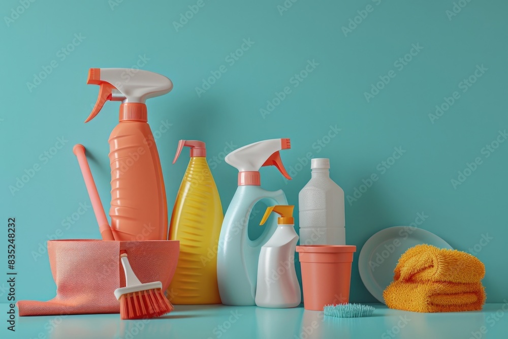 Poster a table filled with various cleaning products