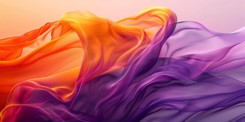 Abstract purple and orange background with waves and cloth-like textures creating a vibrant and...