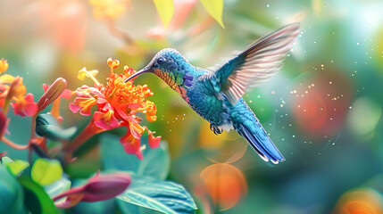 Fototapeta premium A close-up of a hummingbird's iridescent feathers as it feeds from a flower, highlighting the intricate details and vivid colors in 4K resolution