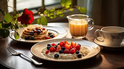 Photograph of a breakfast table set for two, featuring a plate of oatmeal topped with fresh berries, nuts, and a drizzle of honey