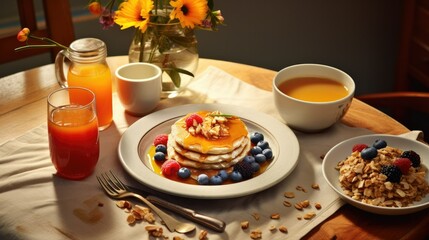 Photograph of a breakfast table set for two, featuring a plate of oatmeal topped with fresh berries, nuts, and a drizzle of honey