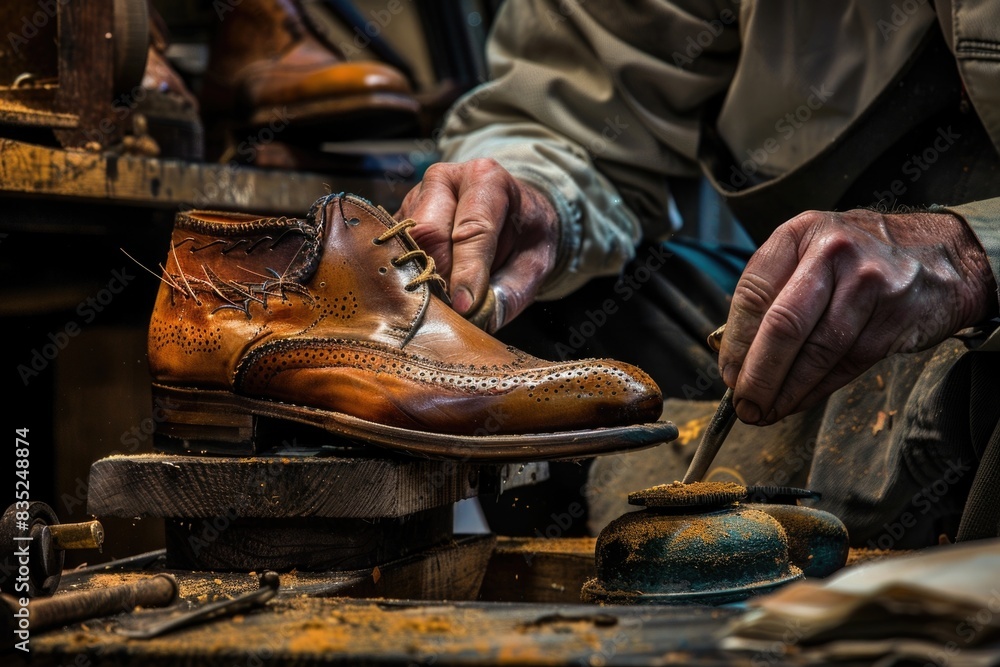 Poster a person is fixing a pair of shoes, with tools and materials scattered around