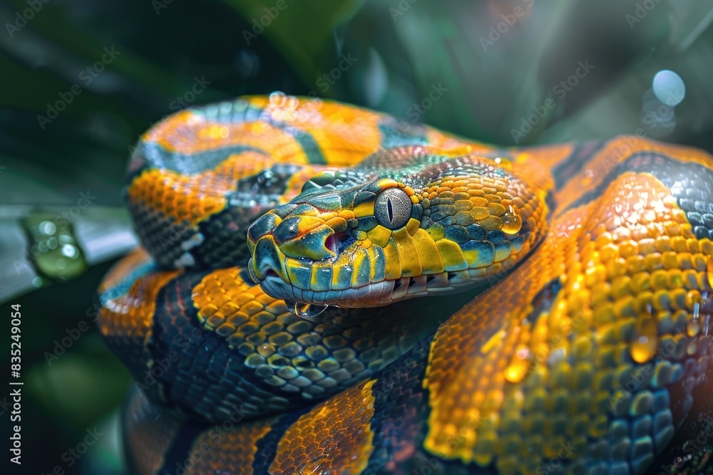 Poster a close-up shot of a colorful snake resting on a branch, ready to strike