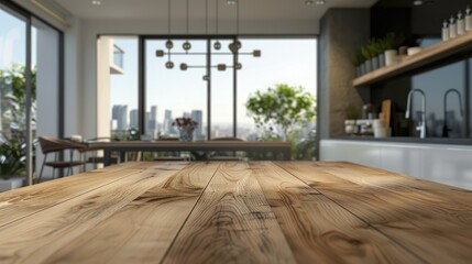 Wooden table top in a modern kitchen with a blurred background ideal for product display