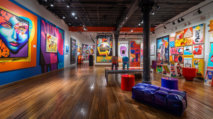 A vibrant gallery filled with bold, modern art pieces and pop art installations, creating a dynamic and lively atmosphere.