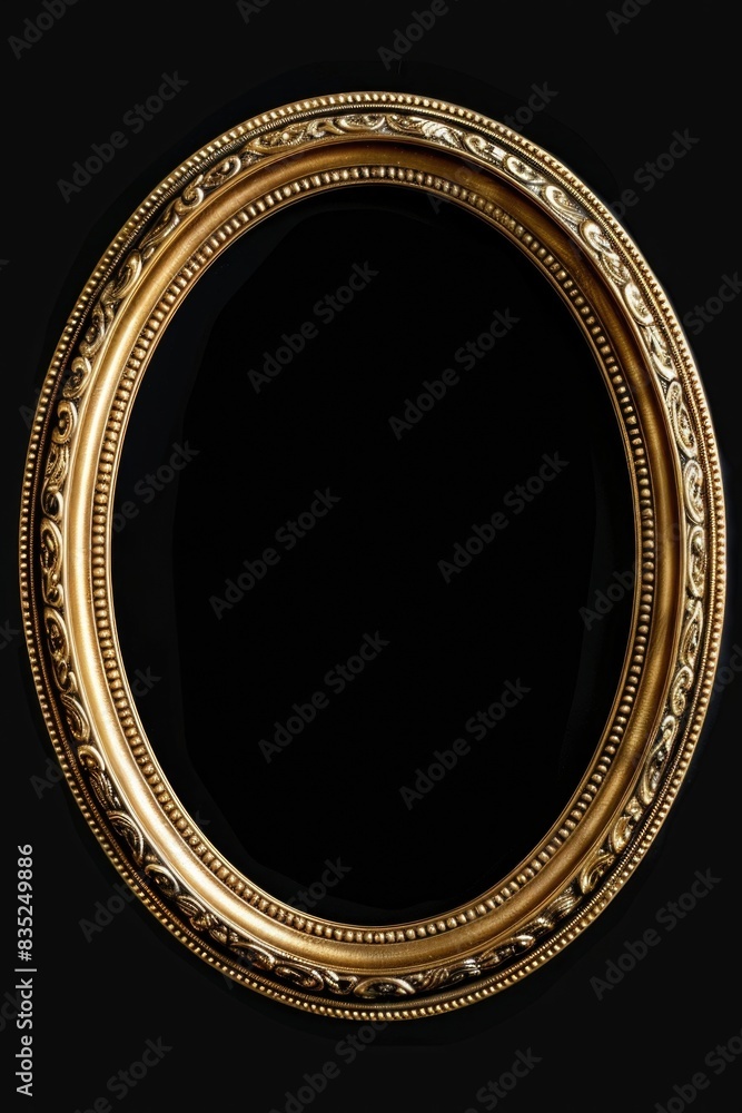 Poster a golden oval frame sitting on a black surface, perfect for adding a touch of elegance to any settin