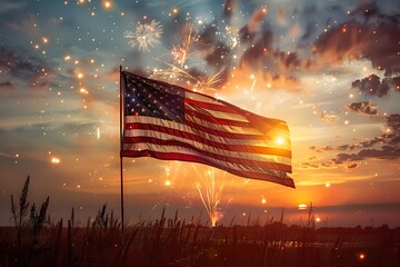American flag flying at sunset with fireworks in the sky. The warm orange light of the setting sun fills the scene. Perfect for patriotic celebrations and events stock images. Generative AI