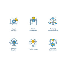 Fraud Detection, Return Management, Managing Supplier Selection, Managing Supplier, Product design, Inventory Optimization, Vector Icon Set