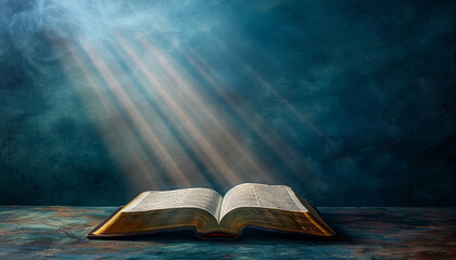 Open Bible with light emanating from it, Concept of spiritual enlightenment by AI generated image