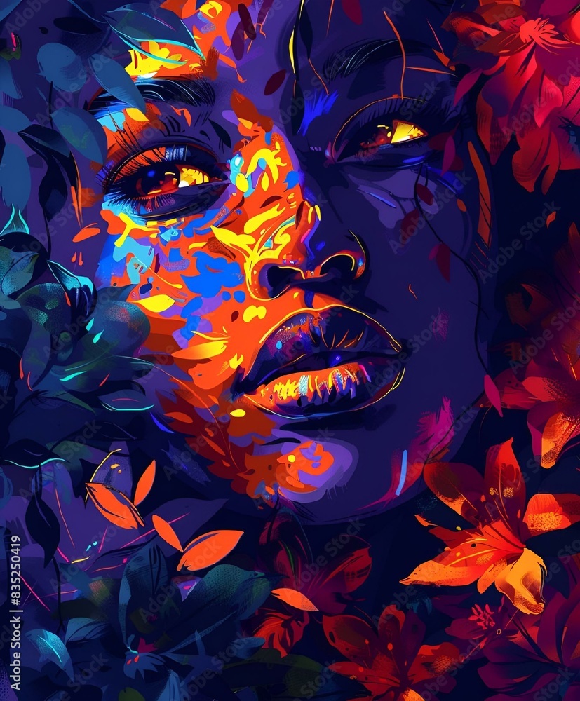 Canvas Prints AI-generated illustration of a Woman's face adorned with floral and leaf designs