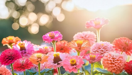 Obraz premium Colorful beautiful multicolored flowers Zínnia spring summer in Sunny garden in sunlight on nature outdoors.