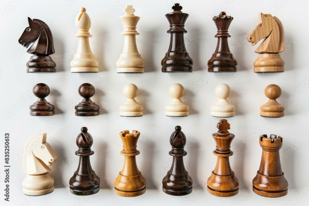 Poster a set of chess pieces arranged on a white background