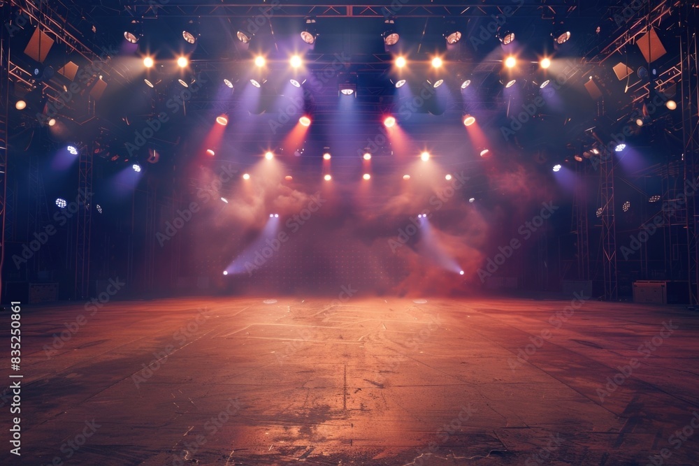 Poster a brightly lit stage with various lighting effects, ideal for use in event or performance photograph