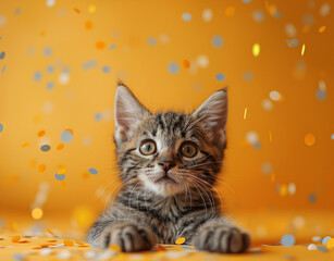 A playful kitten playing with confetti on a pastel yellow background
