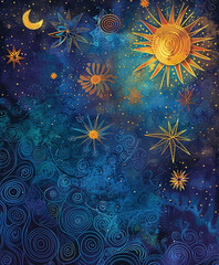 Abstract blue sky with sun and stars, fairytale background
