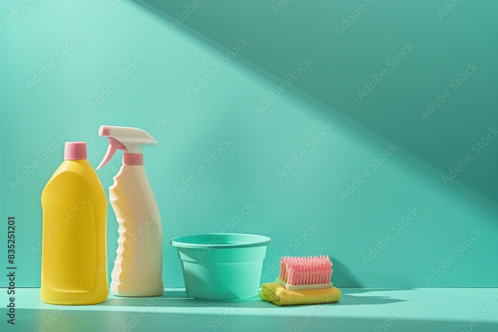 Poster a bottle of cleaner and a cup with a brush on a table, perfect for cleaning tasks