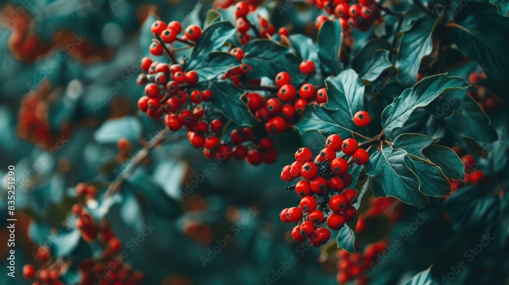 Poster vivid red berries on the tree in the garden up close empty space for text