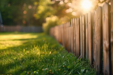 Fototapeta premium A rustic wooden fence runs through the center of a lush green meadow, surrounded by tall grasses and wildflowers