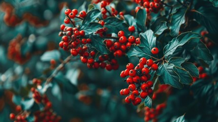 Vivid red berries on the tree in the garden up close empty space for text