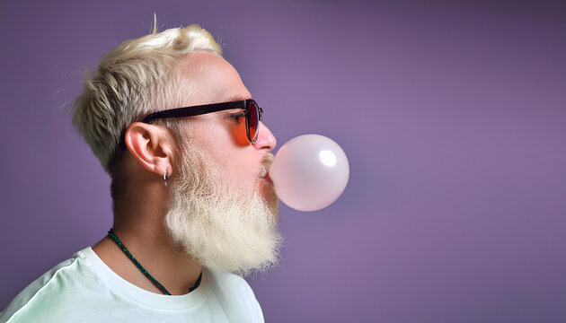 hipster, mit, grauem, bart, macht, Kaugummi, blase, tr&auml;gt, bunten, anzug, neu, modern, minimal, style, solid, background, studio, atelier, aufnahme, im, lila, pink, abstrakt, werbung, copy space, mann