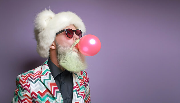 hipster, mit, grauem, bart, macht, Kaugummi, blase, tr&auml;gt, bunten, anzug, neu, modern, minimal, style, solid, background, studio, atelier, aufnahme, im, lila, pink, abstrakt, werbung, copy space, mann