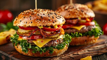 Gourmet cheeseburger with bacon and fresh vegetables on wooden background