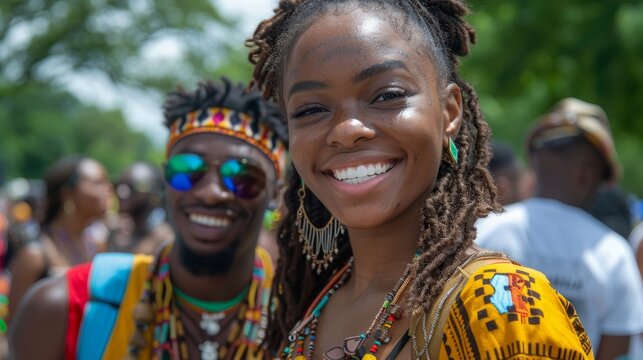 A diverse group celebrating Juneteenth, adorned in vibrant African patterns, gathers at an outdoor festival on a sunny day, sharing joyful expressions of unity