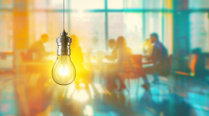 Fototapeta premium A lightbulb glows against a blurred office background, concept of creative ideas and innovation. Generative AI
