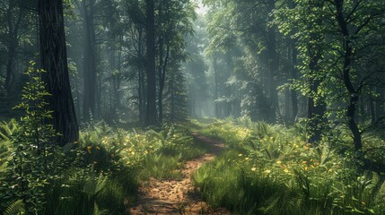 Obraz premium Lush Forest Path: Capture the serenity of a lush forest path with towering trees, dappled sunlight, and a winding trail, perfect for nature blogs
