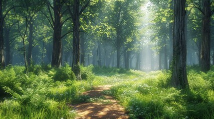 Naklejka premium Lush Forest Path: Capture the serenity of a lush forest path with towering trees, dappled sunlight, and a winding trail, perfect for nature blogs