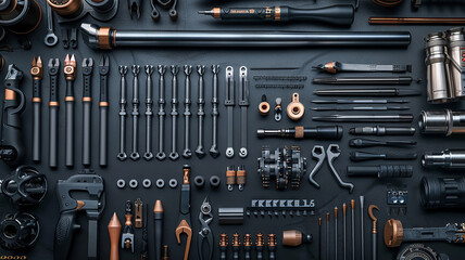 Fototapeta premium Precision engineering tools neatly arranged in a workshop kit