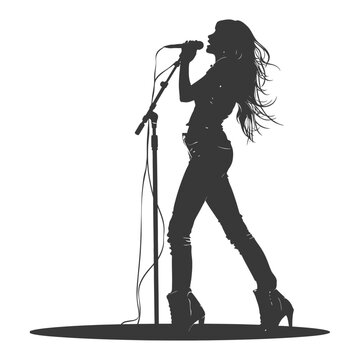 Silhouette Singer: Rock Star Diva in Denim & Boots, Mic Stand, Windy Hair.
