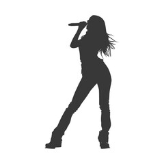 Naklejka premium Silhouette of a woman singing passionately into a microphone, hair flying, dynamic pose.