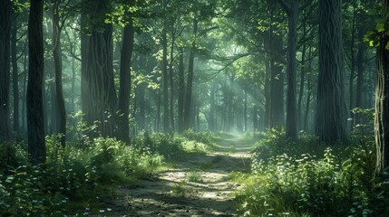 Lush Forest Path: Capture the serenity of a lush forest path with towering trees, dappled sunlight, and a winding trail, perfect for nature blogs