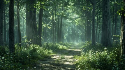 Obraz premium Lush Forest Path: Capture the serenity of a lush forest path with towering trees, dappled sunlight, and a winding trail, perfect for nature blogs